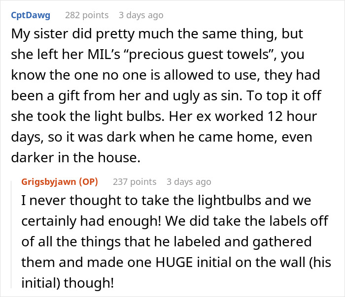 Text exchange discussing a woman moving out, mentioning taking light bulbs and her ex's labeled items. Text exchange discussing a woman moving out, mentioning taking light bulbs and her ex's labeled items.