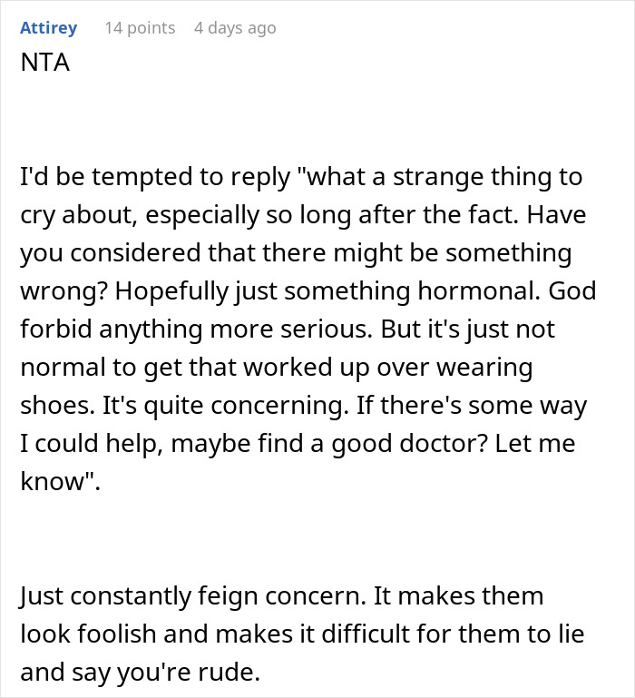 Reddit text comment discussing a woman's emotional reaction to a son's girlfriend's house rule. Reddit text comment discussing a woman's emotional reaction to a son's girlfriend's house rule.