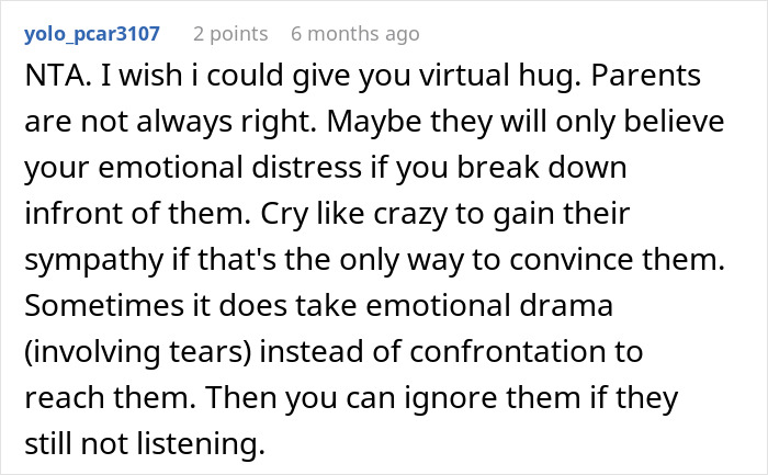 Reddit comment offering advice and support to someone dealing with parental issues. Reddit comment offering advice and support to someone dealing with parental issues.