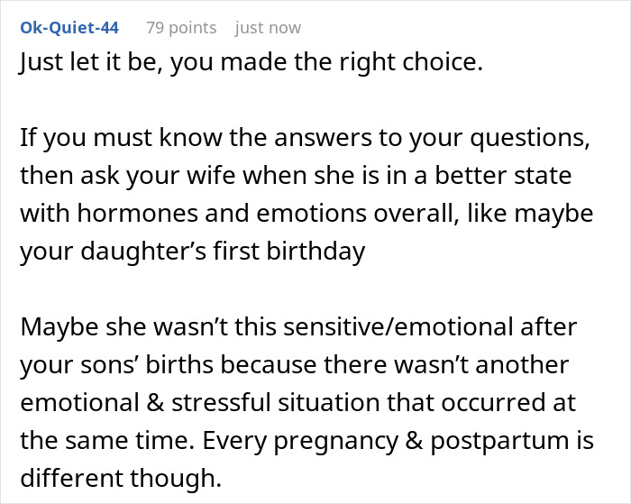 Reddit comment discussing wife's emotions postpartum after newborn's birth. Reddit comment discussing wife's emotions postpartum after newborn's birth.