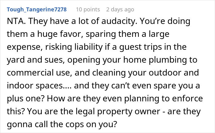 Text screenshot discussing refusal to use backyard for a wedding due to denial of a plus-one. Text screenshot discussing refusal to use backyard for a wedding due to denial of a plus-one.