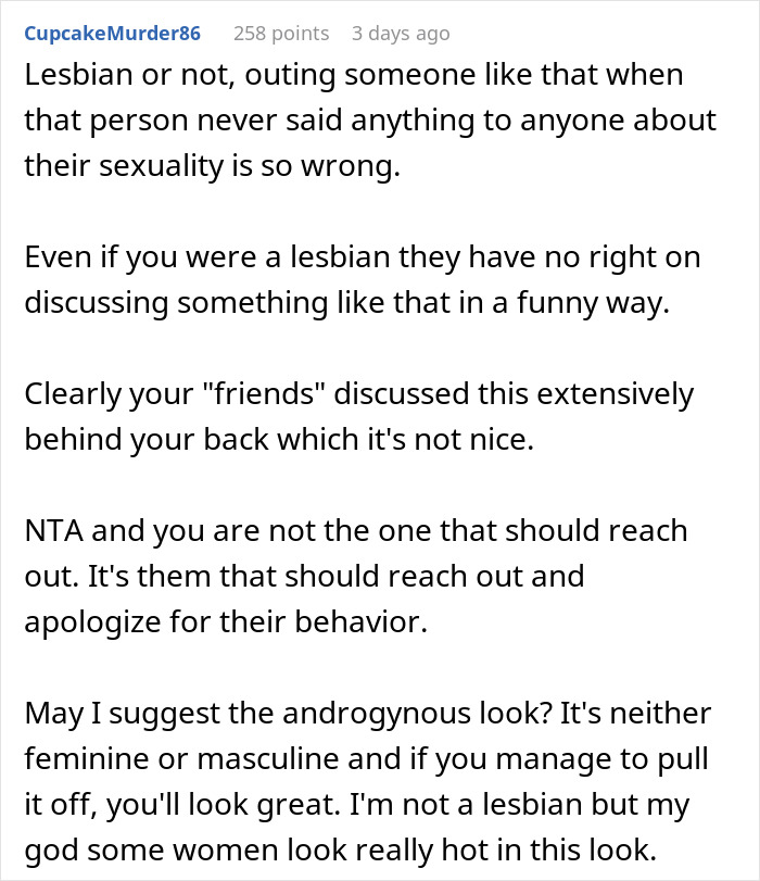 Text discussing assumptions about a woman's sexuality based on appearance, addressing issues with friends. Text discussing assumptions about a woman's sexuality based on appearance, addressing issues with friends.