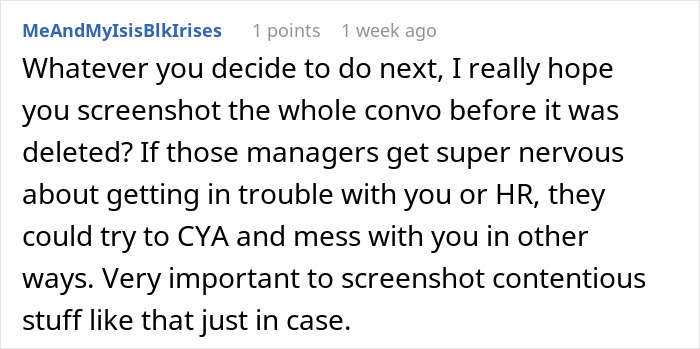 Text message thread discussing managers' nervousness and advice to screenshot important conversations. Text message thread discussing managers' nervousness and advice to screenshot important conversations.