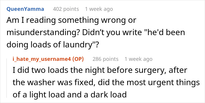 Screenshot of a Reddit comment thread discussing laundry tasks done before surgery. Screenshot of a Reddit comment thread discussing laundry tasks done before surgery.