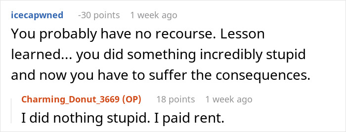 Reddit exchange with comments about rent money and justification issues. Reddit exchange with comments about rent money and justification issues.