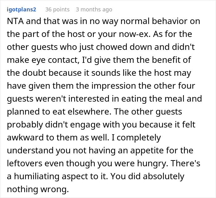 Text response discussing social behavior at a dinner with friends and guests, focusing on leftovers. Text response discussing social behavior at a dinner with friends and guests, focusing on leftovers.