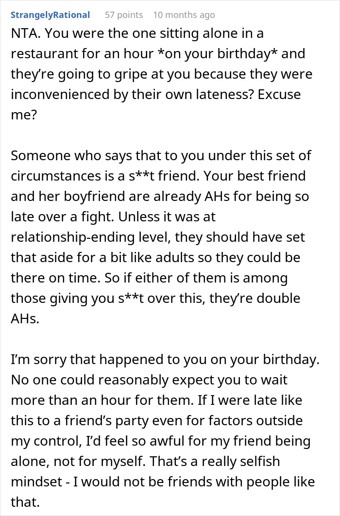 Text supporting woman bullied for canceling birthday dinner after no one showed up. Text supporting woman bullied for canceling birthday dinner after no one showed up.