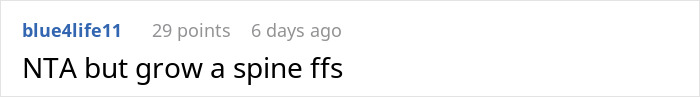 Comment by user blue4life11 saying “NTA but grow a spine ffs” related to mom letting herself into daughter's home. Comment by user blue4life11 saying “NTA but grow a spine ffs” related to mom letting herself into daughter's home.
