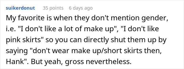 Text exchange on gender comments showing woman's shock at coworker's audacity. Text exchange on gender comments showing woman's shock at coworker's audacity.