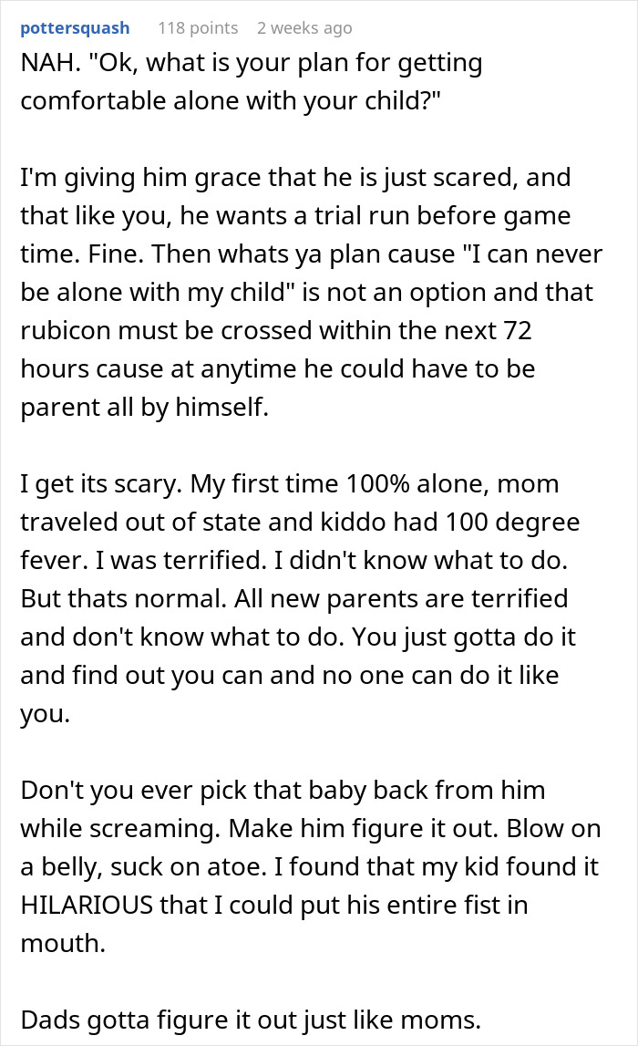 Parenting advice text discussing why a husband should care for his infant son alone without coddling. Parenting advice text discussing why a husband should care for his infant son alone without coddling.