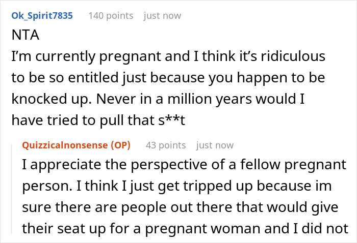 Online discussion about a man insisting a stranger give up their prepaid train seat for his pregnant wife. Online discussion about a man insisting a stranger give up their prepaid train seat for his pregnant wife.