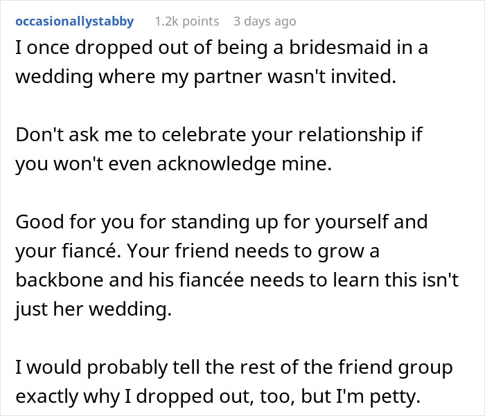 Reddit comment discussing dropping out of a wedding after a fiancée is banned for being attractive. Reddit comment discussing dropping out of a wedding after a fiancée is banned for being attractive.