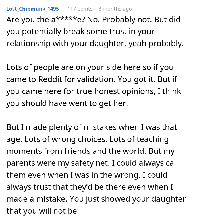 Reddit comment discussing parental decisions, trust, and the context of a road trip situation. Reddit comment discussing parental decisions, trust, and the context of a road trip situation.
