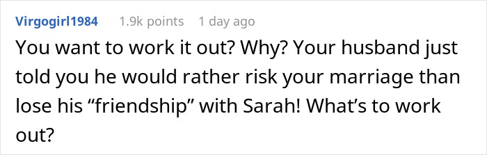 Screenshot of a Reddit comment discussing a husband prioritizing a friendship over marriage, causing tension with his real wife. Screenshot of a Reddit comment discussing a husband prioritizing a friendship over marriage, causing tension with his real wife.