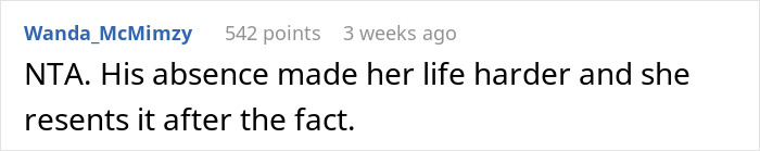 Reddit comment discussing resentment over absence from a family situation related to a birthday trip. Reddit comment discussing resentment over absence from a family situation related to a birthday trip.