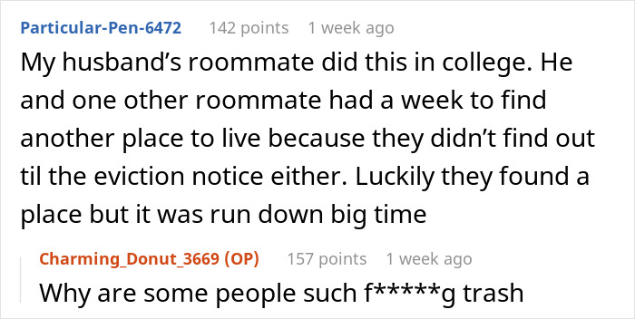Text exchange about a roommate stealing rent money, causing eviction and distress. Text exchange about a roommate stealing rent money, causing eviction and distress.