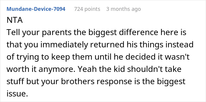 Reddit comment discussing an issue with letting kids take items in a family dispute, highlighting a brother's response. Reddit comment discussing an issue with letting kids take items in a family dispute, highlighting a brother's response.