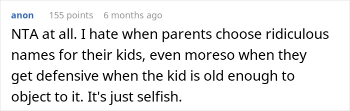 Online comment criticizing parents for choosing ridiculous names for kids, calling it selfish. Online comment criticizing parents for choosing ridiculous names for kids, calling it selfish.