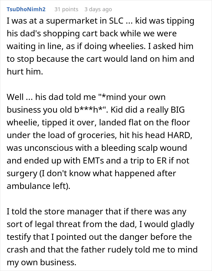 Reddit comment discussing an incident involving a kid tipping a shopping cart in a store. Reddit comment discussing an incident involving a kid tipping a shopping cart in a store.