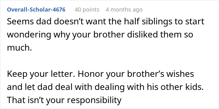 Reddit comment discusses a teen's decision to keep brother's final words private from half-siblings. Reddit comment discusses a teen's decision to keep brother's final words private from half-siblings.