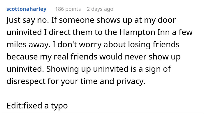 A Reddit comment discussing uninvited houseguests treating a home like a hotel. A Reddit comment discussing uninvited houseguests treating a home like a hotel.