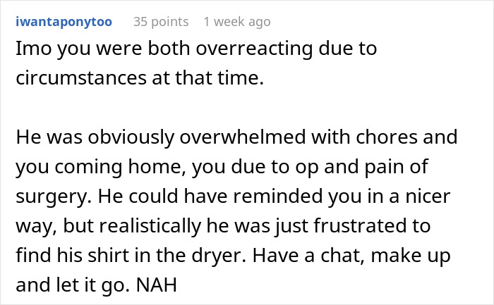 Comment discussing a couple's reaction post-surgery, mentioning laundry and a suggestion to talk things over. Comment discussing a couple's reaction post-surgery, mentioning laundry and a suggestion to talk things over.