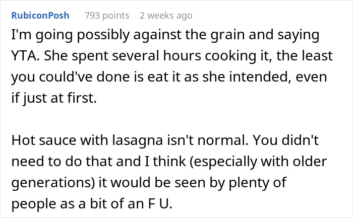 Comment discussing adding hot sauce to lasagna, highlighting generational perspectives on modifying meals. Comment discussing adding hot sauce to lasagna, highlighting generational perspectives on modifying meals.