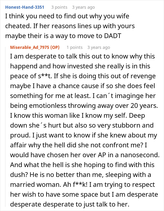 Reddit comments discussing issues in a troubled marriage, including infidelity and emotional turmoil. Reddit comments discussing issues in a troubled marriage, including infidelity and emotional turmoil.