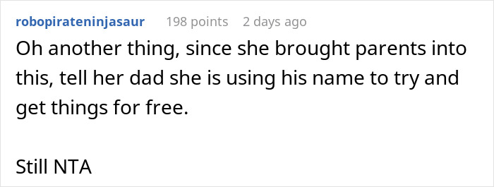 Comment about an influencer demanding free items, with advice to reveal her tactics to her dad. Comment about an influencer demanding free items, with advice to reveal her tactics to her dad.