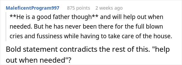 User comment discussing a father's involvement, questioning his help in caring for their infant son. User comment discussing a father's involvement, questioning his help in caring for their infant son.
