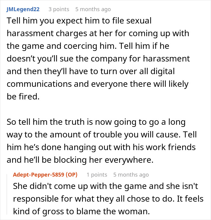 Reddit discussion about a husband's coworkers' game, addressing harassment and blame issues. Reddit discussion about a husband's coworkers' game, addressing harassment and blame issues.
