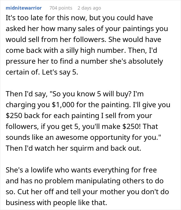 Text exchange discussing exposing influencer demanding free painting and cash. Text exchange discussing exposing influencer demanding free painting and cash.