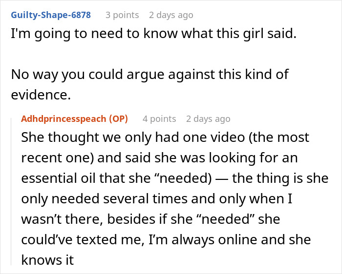 Conversation discussing evidence of BF’s sister allegedly stealing essential oils. Conversation discussing evidence of BF’s sister allegedly stealing essential oils.