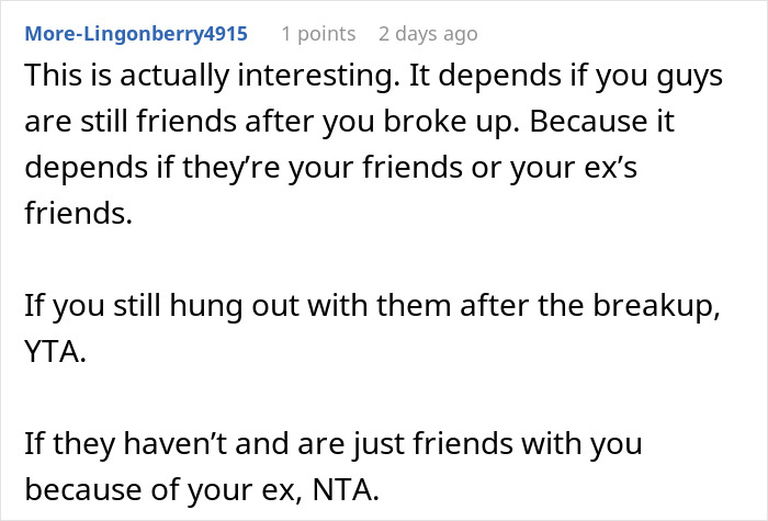 Text screenshot discussing relationship dynamics and friendships after a breakup. Text screenshot discussing relationship dynamics and friendships after a breakup.