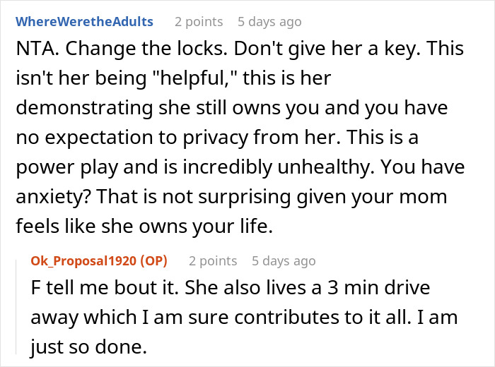 Reddit comments about a mom feeling free to enter her daughter's home, discussing boundaries and privacy issues. Reddit comments about a mom feeling free to enter her daughter's home, discussing boundaries and privacy issues.