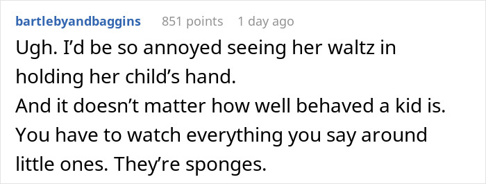 Text discussing a birthday dinner remark about having children at events and monitoring conversation around them. Text discussing a birthday dinner remark about having children at events and monitoring conversation around them.