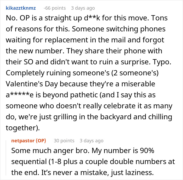 Reddit comment exchange discussing phone number mishap affecting Valentine's Day reservations. Reddit comment exchange discussing phone number mishap affecting Valentine's Day reservations.