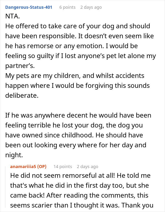 Reddit comments discussing a woman's lost dog, criticizing a boyfriend's lack of remorse and responsibility. Reddit comments discussing a woman's lost dog, criticizing a boyfriend's lack of remorse and responsibility.