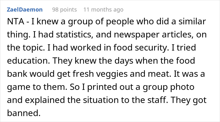 Reddit comment about friends lying for food bank access and getting banned. Reddit comment about friends lying for food bank access and getting banned.