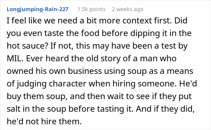 Comment discussing context through a story about testing character with food. Comment discussing context through a story about testing character with food.