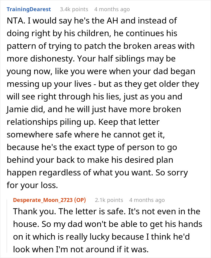 Reddit discussion about keeping brother's final words secret from half-siblings. Reddit discussion about keeping brother's final words secret from half-siblings.