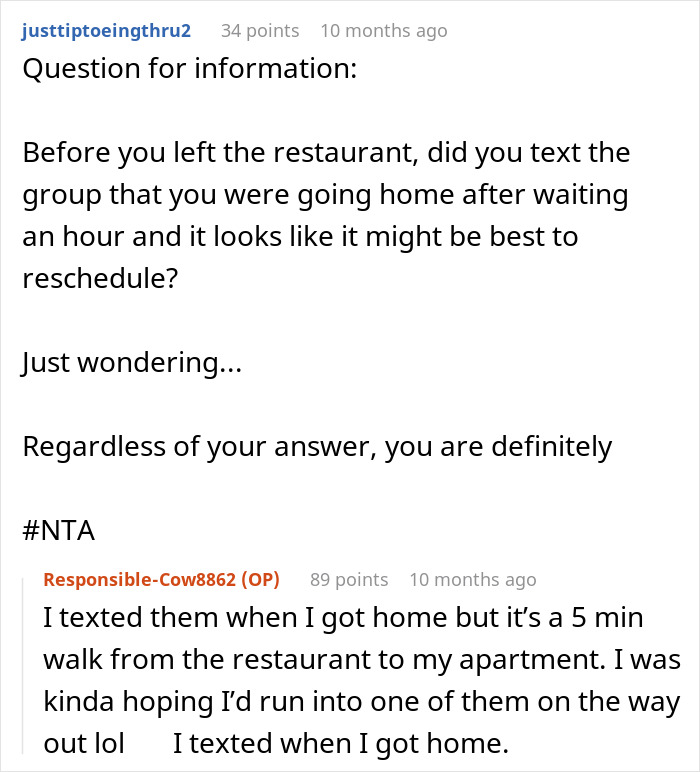 Text conversation discussing a woman feeling bullied for canceling a birthday dinner after her friends didn't show up. Text conversation discussing a woman feeling bullied for canceling a birthday dinner after her friends didn't show up.