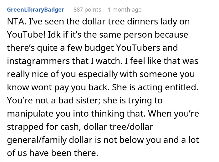 Reddit comment discussing groceries from Dollar Tree, mentioning entitled behavior and budget-friendly shopping. Reddit comment discussing groceries from Dollar Tree, mentioning entitled behavior and budget-friendly shopping.