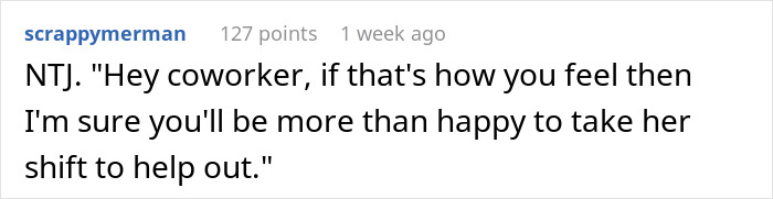 Reddit comment discussing a restaurant worker covering a coworker's shift. Reddit comment discussing a restaurant worker covering a coworker's shift.