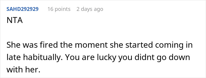 Reddit comment discussing a woman not passing probation due to lateness. Reddit comment discussing a woman not passing probation due to lateness.