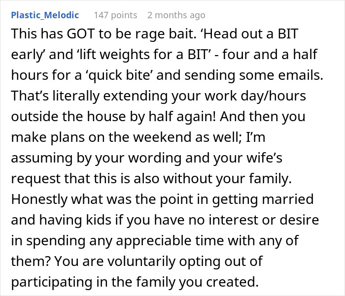 Text comment criticizing a husband for not spending time at home with family. Text comment criticizing a husband for not spending time at home with family.
