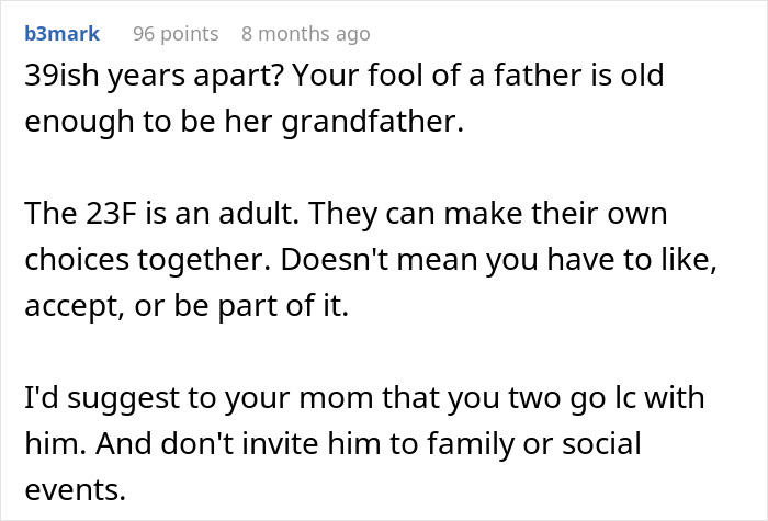 Reddit comment discussing a dad's relationship with a younger girlfriend, suggesting limited contact. Reddit comment discussing a dad's relationship with a younger girlfriend, suggesting limited contact.