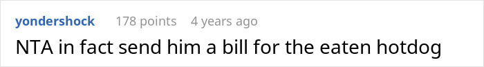 Reddit comment discussing sending a bill for an eaten hotdog, related to a mozzarella hater. Reddit comment discussing sending a bill for an eaten hotdog, related to a mozzarella hater.