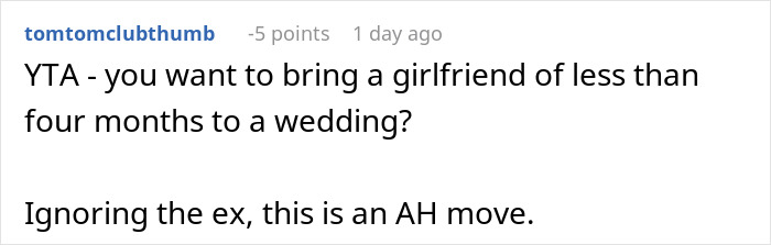 Text comment discussing refusal of plus-one for a backyard wedding. Text comment discussing refusal of plus-one for a backyard wedding.