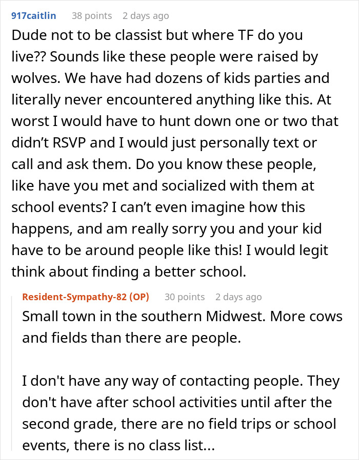 Reddit comments discussing kid's party with no RSVPs, mentioning small town issues. Reddit comments discussing kid's party with no RSVPs, mentioning small town issues.